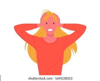 Woman in panic. Vector illustration of young attractive cartoon blonde stressed woman with her hands on the head and with clenched teeth. Isolated on white