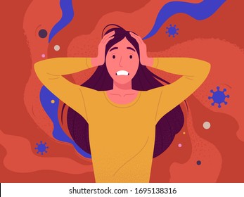 Woman in panic. Vector illustration of young attractive cartoon brunette stressed woman with her hands on the head and with clenched teeth. Isolated on abstract red background