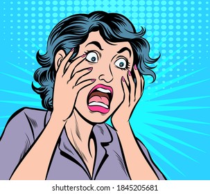 Woman panicked, frightened, shocked. Pop art retro hand drawn style vector design illustrations.

