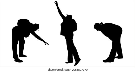 A woman in pants, with a backpack, in a cap. The woman pulls her hand up, down. Looks down, up. Rescue operation. Lend a helping hand. Hiking. Black female silhouette isolated on white background.