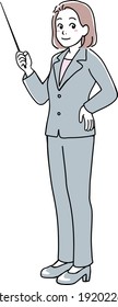 Una mujer con traje de pantalones explicando algo