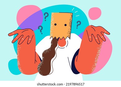 Woman in paper bag head feel frustrated   confused  Unknown person hidden in carton package feeling doubts  Vector illustration  