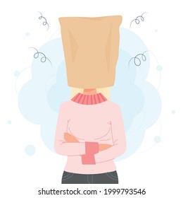 Woman in paper bag over her head needs time to think or tame anger. concept illustration 