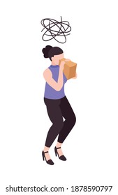 Woman With Paper Bag Trying To Calm Down After Panic Attack 3d Isometric Vector Illustration