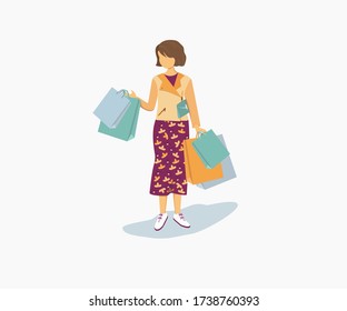 Woman with paper bags in her hands isolated on white  background. Vector illustration