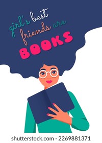 Woman with paper book in hand. Girls best friends are books script. Read more books, womens right to education, smart feminism allyship concept. Knowledge self grow motivation. Vector illustration.