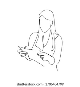 Woman with paper document in hands in continuous line art drawing style. Businesswoman minimalist black linear sketch isolated on white background. Vector illustration