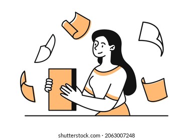 Woman with paper. Employee in office works with documents. Character holding folder in his hands. Learning, selfeducation concept. Cartoon flat vector illustration isolated on white background