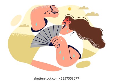 Woman with paper fan escapes summer heat and suffers after getting sunstroke while walking. Illness girl injured from sunstroke sweats lot and needs to urgently visit air-conditioned room