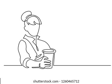 Woman with paper glass continuous one line vector drawing. Hand drawn female silhouette. Cafe, fast food. Person sitting at table and holding soda cup. Minimalistic contour illustration