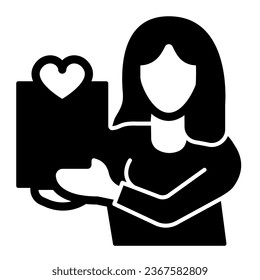 Woman and paper sheet with heart solid icon, dating concept, dating questionnaire vector sign on white background, glyph style icon for mobile concept and web design. Vector graphics