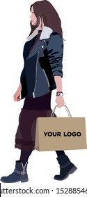 Woman with paper shopping bag. Flat vector illustration on isolated background. Black friday.