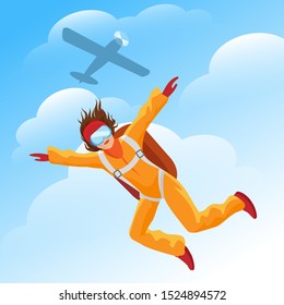 Woman parachutist. Female parachute jumper with plane vector illustration, parachuting jump person in blue sky, parachuter jumping and parachutism activities adventure