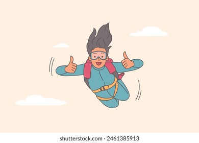 Woman parachutist flies in sky showing thumbs up, enjoying rush of adrenaline in body. Girl parachutist does extreme sports and loves jumping with parachute from airplane, posing in air