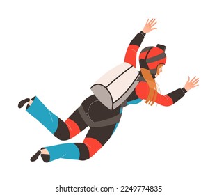 Woman Parachutist Skydiving and Free-falling in the Air Descenting on the Earth Vector Illustration