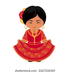 Woman in Paraguay national costume. Paraguayan girl in traditional ethnic dress. Latin American female character. Flat vector illustration.