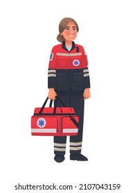 Woman paramedic in full length on a white background with a first aid bag. Emergency ambulance worker. Vector illustration in cartoon style