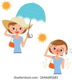 A woman with a parasol and a woman without one in the hot summer