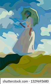 Woman with a Parasol.Vector illustration.Claude Monet painting