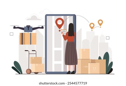 Woman with parcel drone. Young girl with smartphone controls drone with box. Online shopping and fast delivery. Logistics and transportation. Flat vector illustration isolated on white background