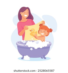 Woman Parent Bathing Her Daughter in Bathtub as Home Activity Vector Illustration