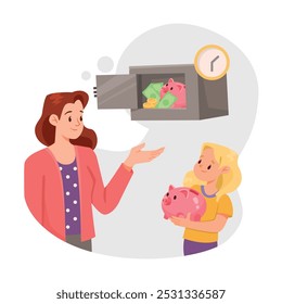 Woman Parent Character Teach Daughter Save Money Vector Illustration