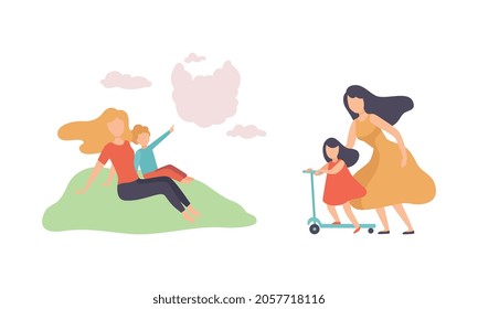 Woman Parent and Her Child Spending Good Time Together Watching Clouds and Riding Kick Scooter Vector Set