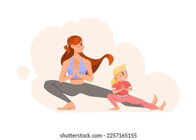 Woman Parent with Her Daughter Doing Yoga as Sport and Physical Exercise Vector Illustration