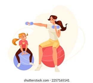 Woman Parent with Her Daughter with Fitball and Dumbbells Doing Sport and Physical Exercise Vector Illustration