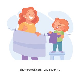 Woman Parent with Her Daughter Hanging Clothes on Rope as Home Activity Vector Illustration