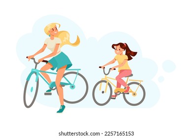 Mujer madre con su hija montando bicicleta: Ilustración de vectores deportivos y de ejercicio físico