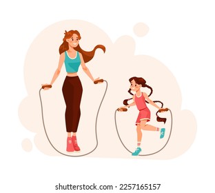 Woman Parent with Her Daughter Skipping Rope Doing Sport and Physical Exercise Vector Illustration