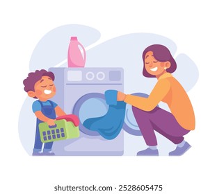 Woman Parent with Her Son Doing Laundry as Home Activity Vector Illustration
