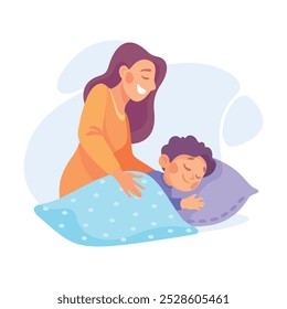 Woman Parent with Her Son Sleeping in Bed as Home Activity Vector Illustration