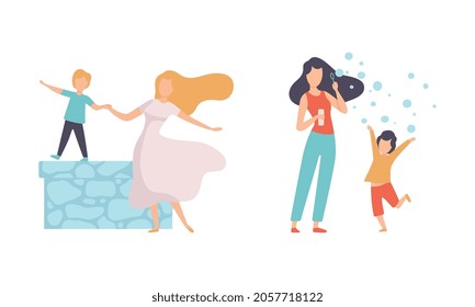 Woman Parent and Her Son Spending Good Time Together Walking and Blowing Soap Bubbles Vector Set