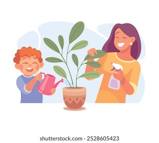 Woman Parent with Her Son Watering Flower in Pot as Home Activity Vector Illustration