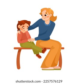 Mujer madre apoyando a niño sentado en una ilustración del vector del banco