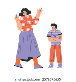 Woman Parent Swear at Boy Son Yelling and Scold Vector Illustration