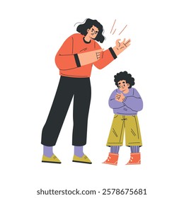 Woman Parent Swear at Boy Son Yelling and Scold Vector Illustration