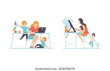 Woman Parent Working from Home and Nursing Children Combining Job and Family Duty Vector Set