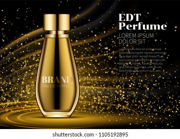 Woman Parfume Realistic Gold bottle Mockup on dazzling background. Lighting and Stars Golden bokeh. Contained in Glass Mock up. Excellent Advertising. Cosmetic Design Product. 3D Vector Illustration