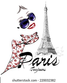 Woman in Paris close to the Eiffel tower - Vector illustration