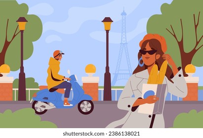 Woman at Paris street. Young girl in red hat with white coat and package with food. Fashionable and trendy person. French culture and aesthetics. Cartoon flat vector illustration