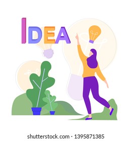 Woman in Park Has New Idea. Idea Generation. Creating Business Ideas. Turn into Reality Thoughts. Use Electronic Media. Reward for New Idea. Vector Illustration. Woman in Park. Raises Up in Arm.