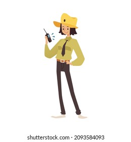 Woman Park Ranger Or Guard Character, Wearing Khaki Clothes And Stetson Hat, Talking On Walkie Talkie. Female Forest Guard Officer Isolated On White Background.