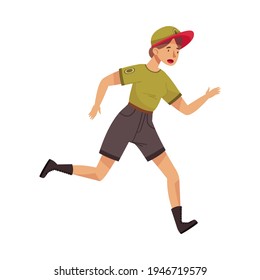 Woman Park Ranger In Khaki Cap And Shorts Running Protecting And Preserving National Parkland Vector Illustration