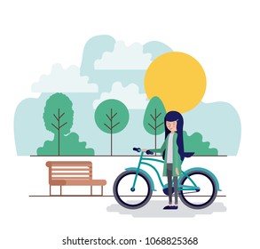woman in the park scene with chair and bicycle