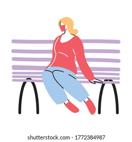 woman in park sitting with mask on vector illustration desing