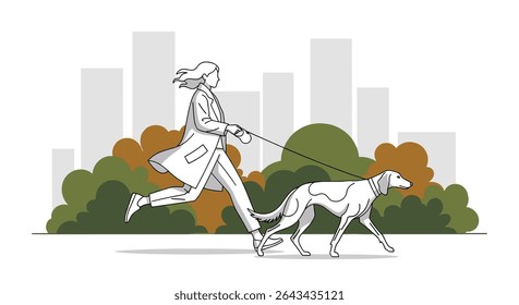 Mulher em um parque passeando com seu cachorro Dalmation perto de Highrises City
