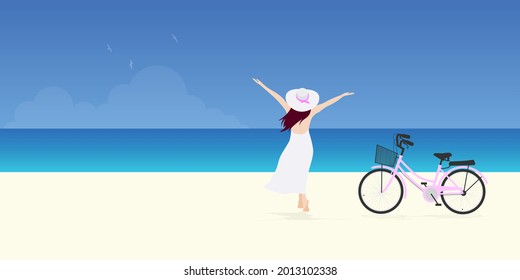 Woman parked bicycle and happily walking on tropical beach, Flat illustration vector.